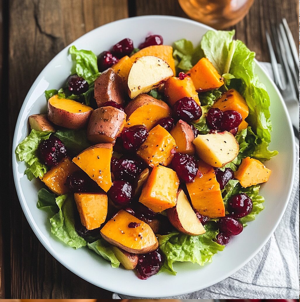 Cranberry Harvest Salad with Sweet Potatoes and Apple Cider Vinaigrette