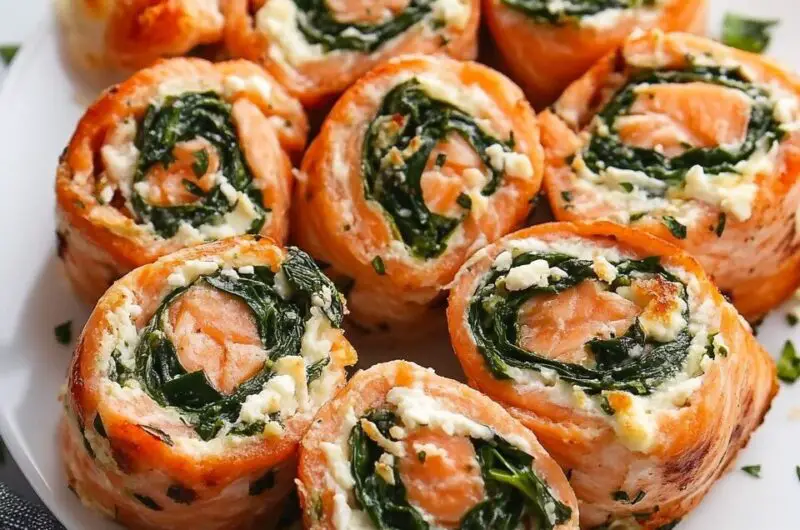 Spinach Feta Stuffed Salmon Pinwheels