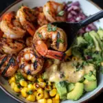 Grilled Shrimp Bowl with Avocado Corn Salsa and Creamy Sauce
