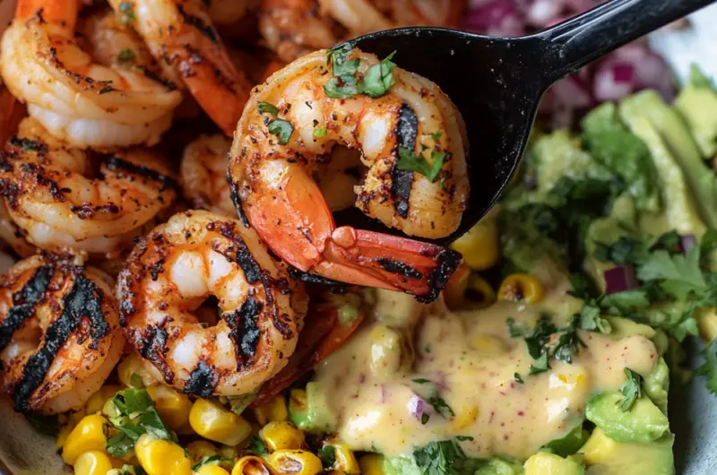 Grilled Shrimp Bowl with Avocado Corn Salsa and Creamy Sauce