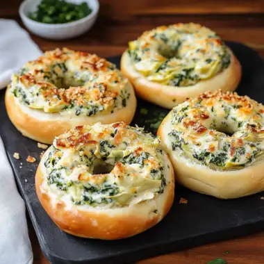 Cheesy Spinach Artichoke Bagels