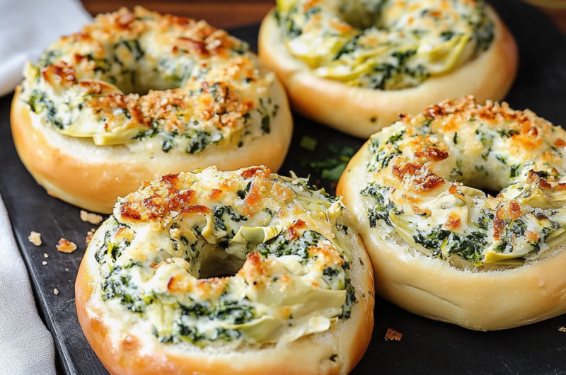 Cheesy Spinach Artichoke Bagels
