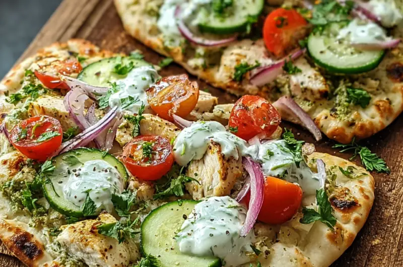 Tzatziki Chicken Veggie Naan Pizza