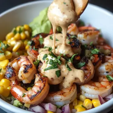 Grilled Shrimp Bowl with Avocado Corn Salsa and Creamy Sauce