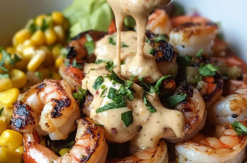 Grilled Shrimp Bowl with Avocado Corn Salsa and Creamy Sauce