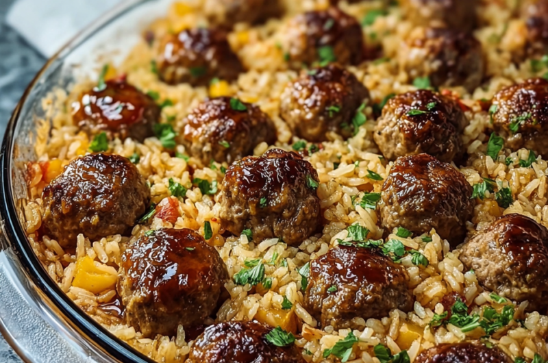 Honey Garlic Meatball Rice Bake