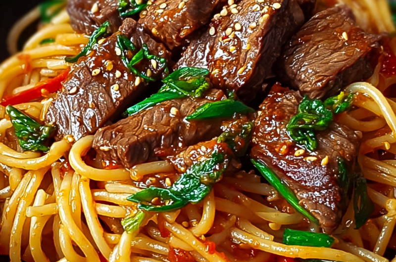 Sweet and Spicy Garlic Steak Pasta