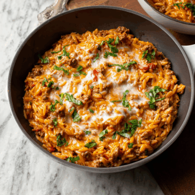 Cheesy Ground Beef Orzo Skillet