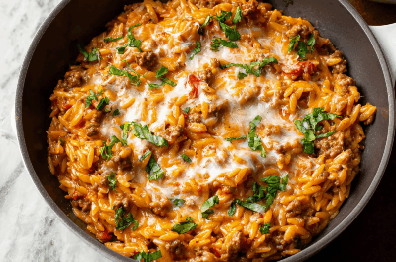 Cheesy Ground Beef Orzo Skillet