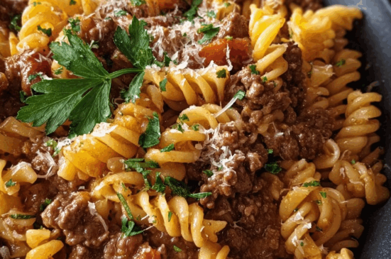 Beef and Rotini in Garlic Parmesan Sauce