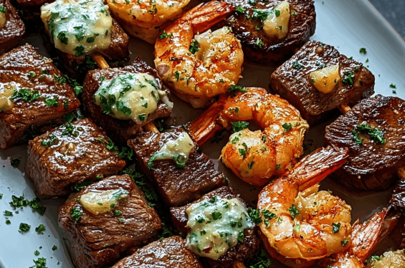 Steak and Shrimp Skewers with Garlic Butter
