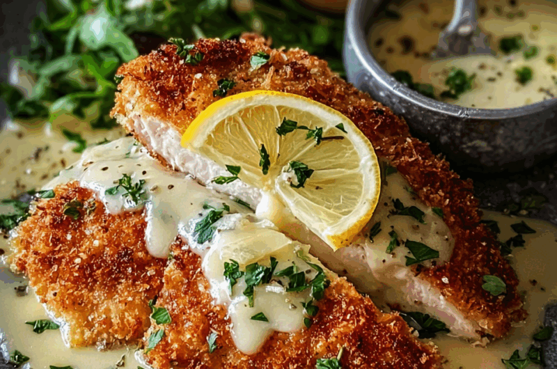 Lemon Pecorino Crusted Chicken with Creamy Lemon Sauce