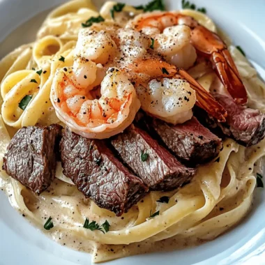CAJUN SHRIMP AND STEAK ALFREDO PASTA