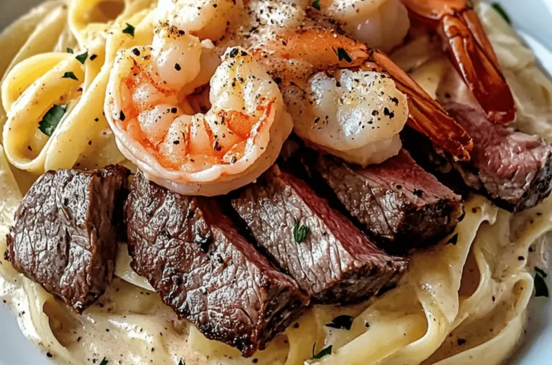 CAJUN SHRIMP AND STEAK ALFREDO PASTA