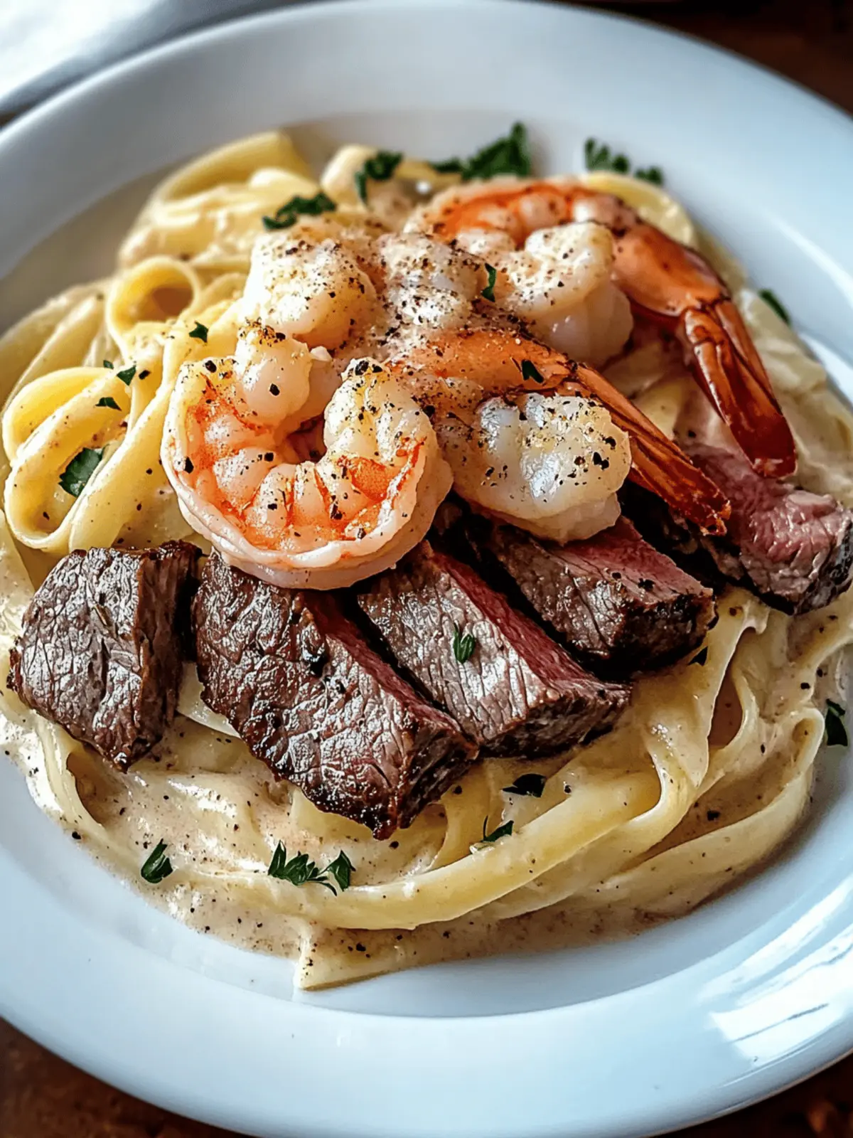 CAJUN SHRIMP AND STEAK ALFREDO PASTA